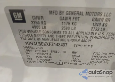 2015 Chevrolet Equinox 1Lt из США, поврежденный, VIN 1GNALBEKXFZ143437